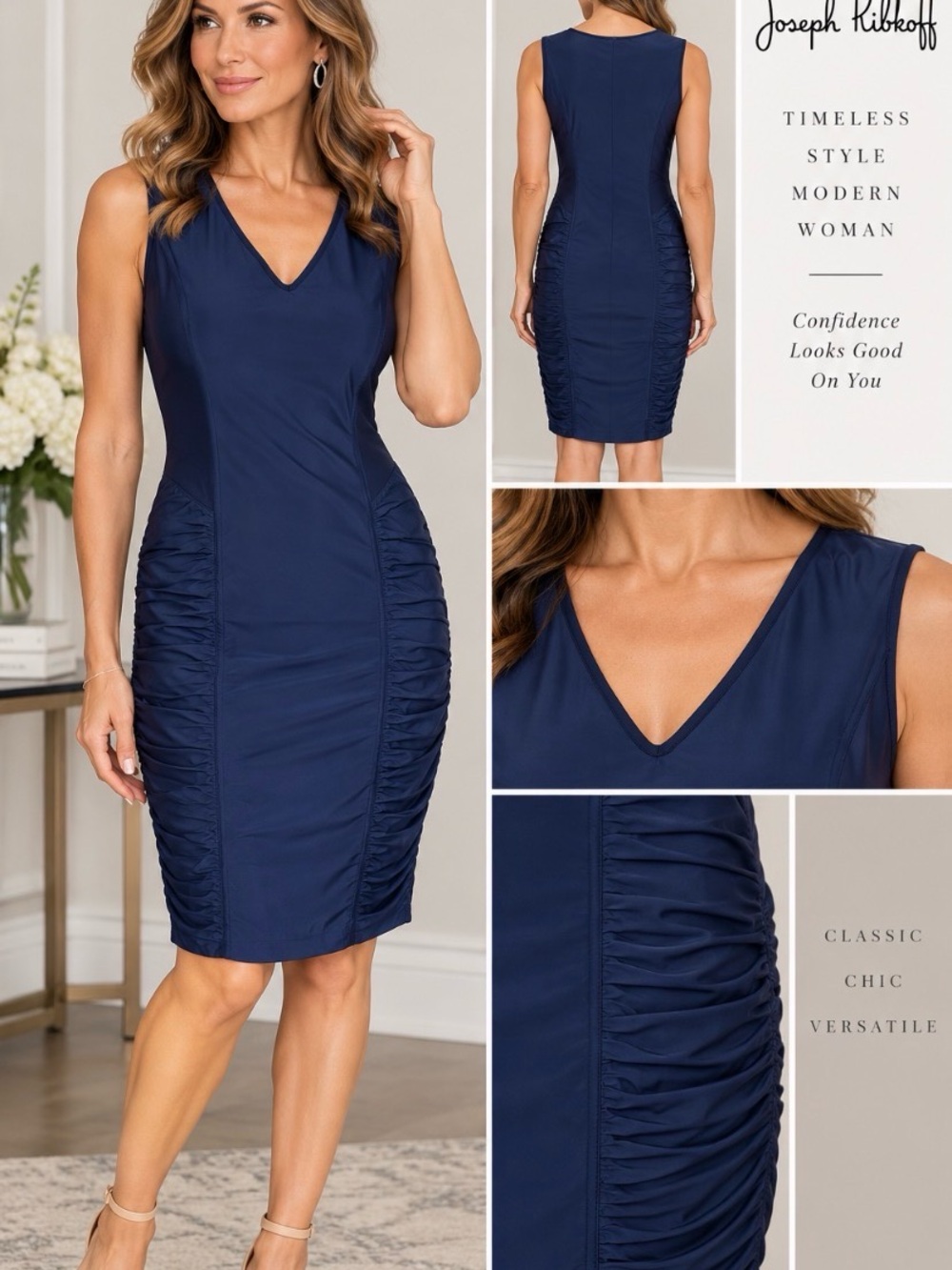 Joseph Ribkoff Navy Blue Ruched V-Neck Sleeveless Sheath Cocktail Dress